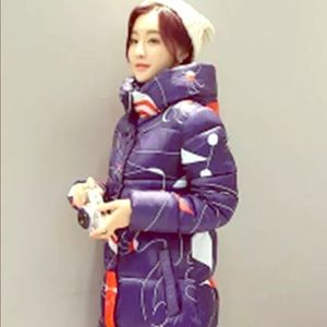 Down feather long jacket hood long blue red circle